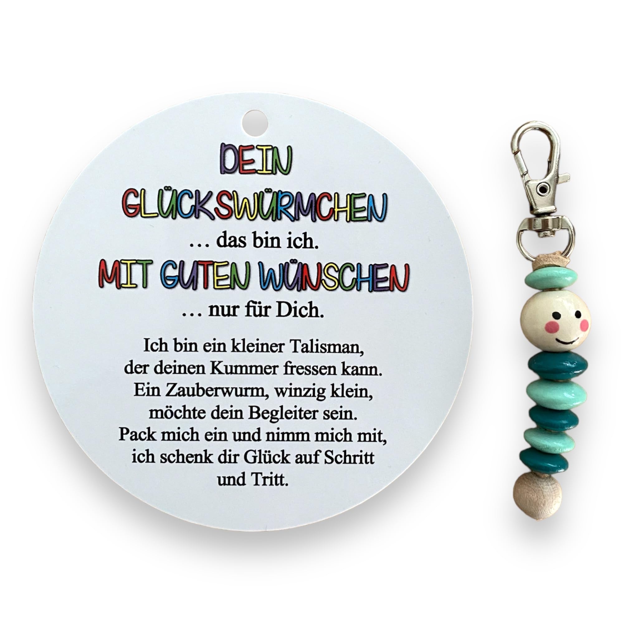 Glückswürmchen, Sorgenwürmchen handmade, Ranzenbaumler, Sorgenwurm, Worry worm, Mutmacher, Glücksbringer, Holz, Farbwahl (Türkis-Mint)
