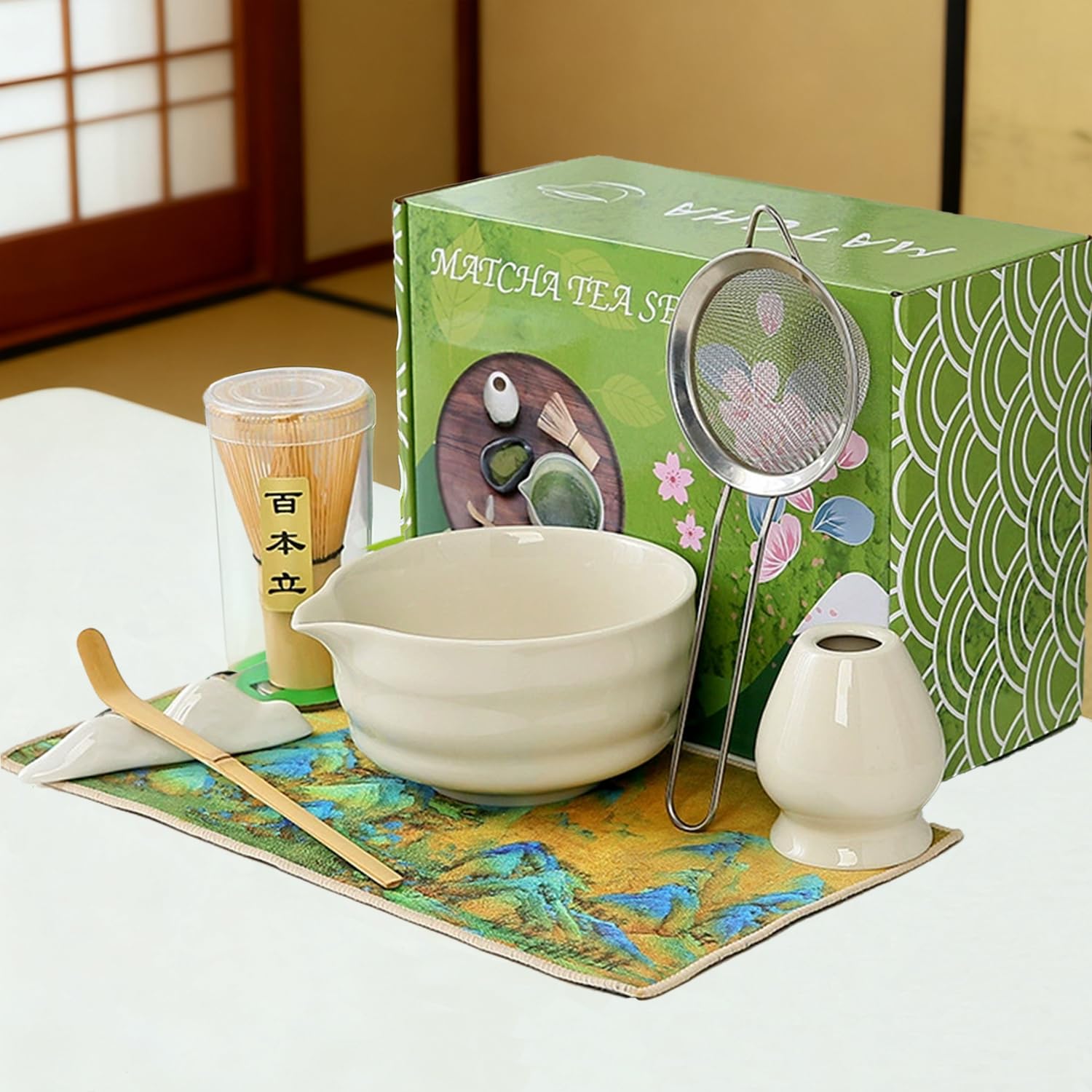 Matcha Set Tea Ceremony Utensils 7 Piece Full Set Matcha Bowl Tea Whisk Tea Scoop Tea Whisk Stand Tea Towel Tea Strainer Tea Filter Tea Ceremony Experience Handcrafted Glazed Tea Ceremony Practice for