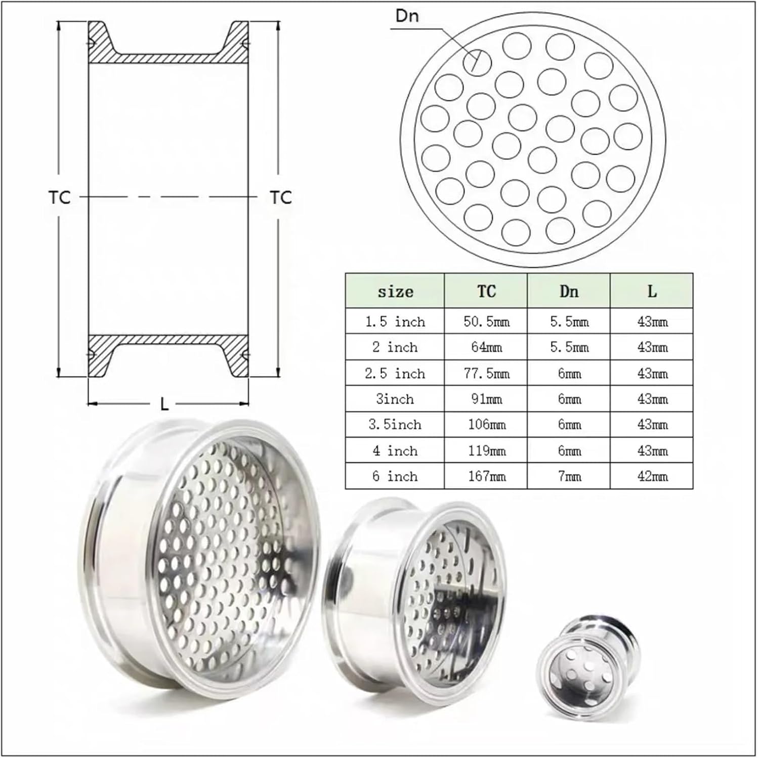WHYLE Home & Brewing 1.5" 2" 3" 4" 6" SS304 Beer Extractor Filter 6mm Perforated Plate Distill Homebrew Tri Clamp 50.5 64mm Sanitary Stainless Steel Brewing Accessories(2 inch)