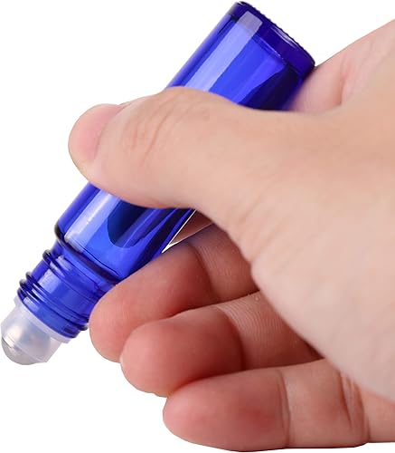 Miniatura 6 de inice Paquete de 24 botellas enrollables de 0.3 fl oz para aceites esenciales, vidrio azul cobalto, botellas de bola enrollables de acero inoxidable