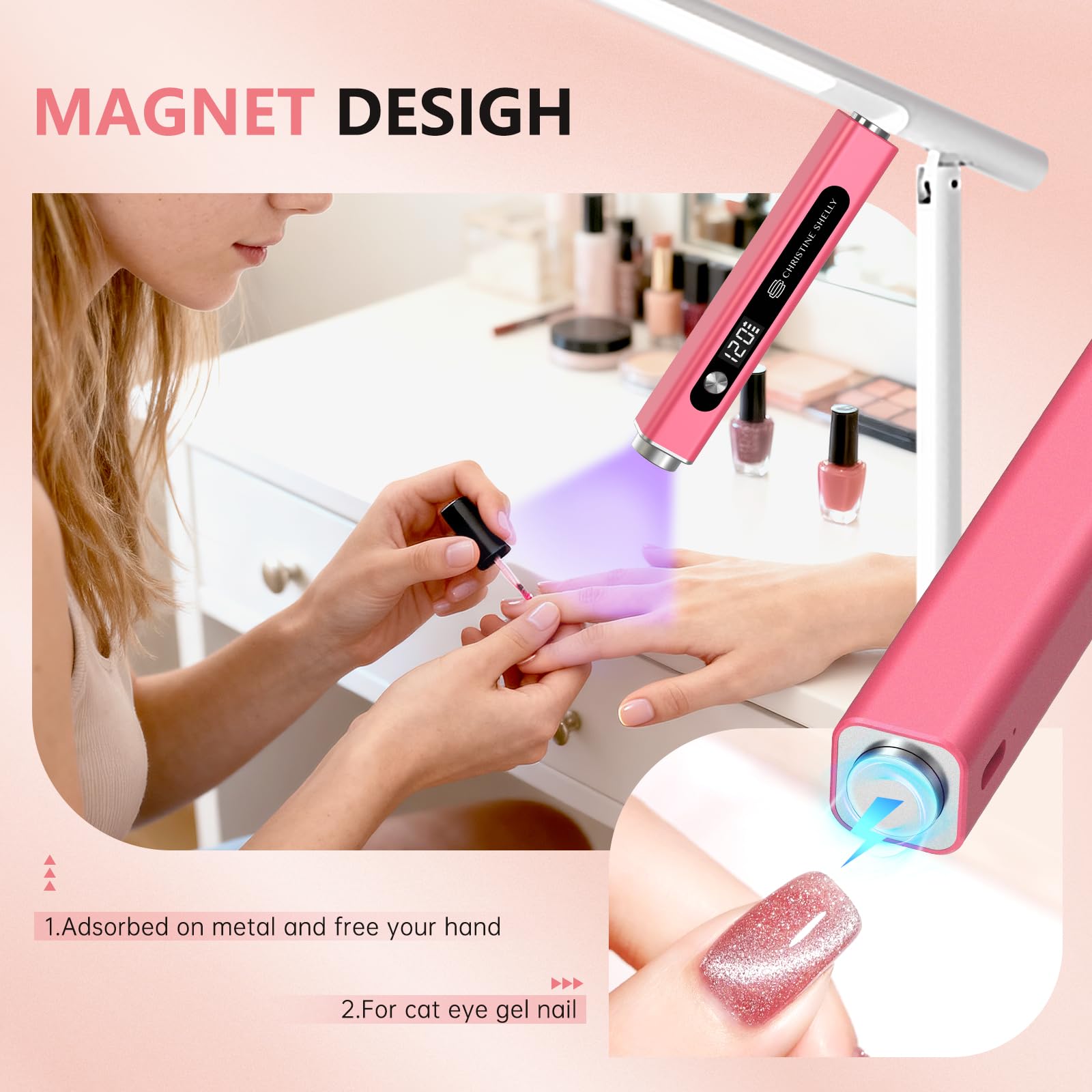 UV Lamps for Gel Nails CHRISTINE SHELLY Handheld 3 in 1 LED Nail Light Cat Eye Magnet Flash Cure Lamp Nail Stamp LCD Display Rechargeable Nail Dryer with 3 Timers for Gel Polish Home DIY - Image 4