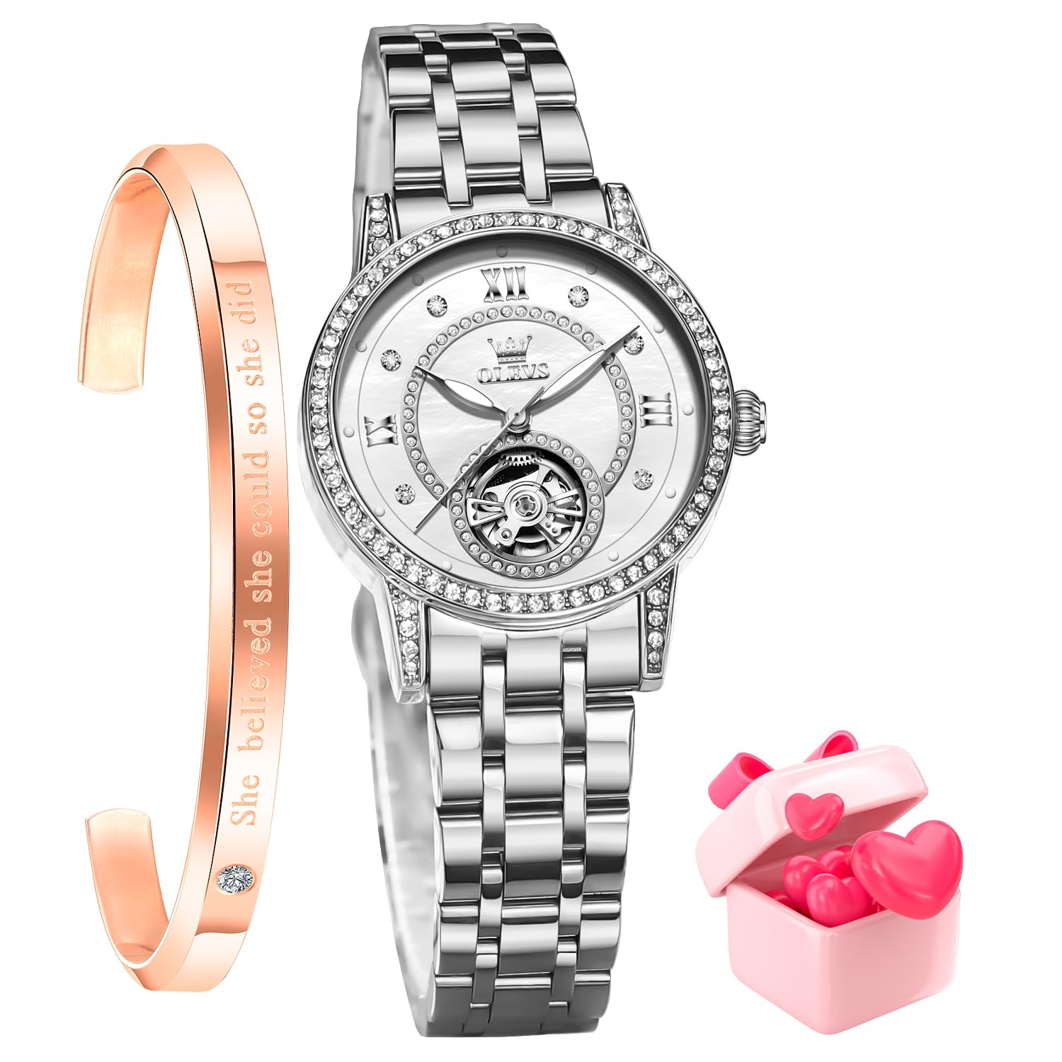 OLEVS Automatic Watches for Womens Luxury Diamond Hollow Tourbillon Womens Watches Moon Phase Two Tone Stainless Steel Small Wrist Ladies Watches Waterproof Luminous Blue Silver Dial