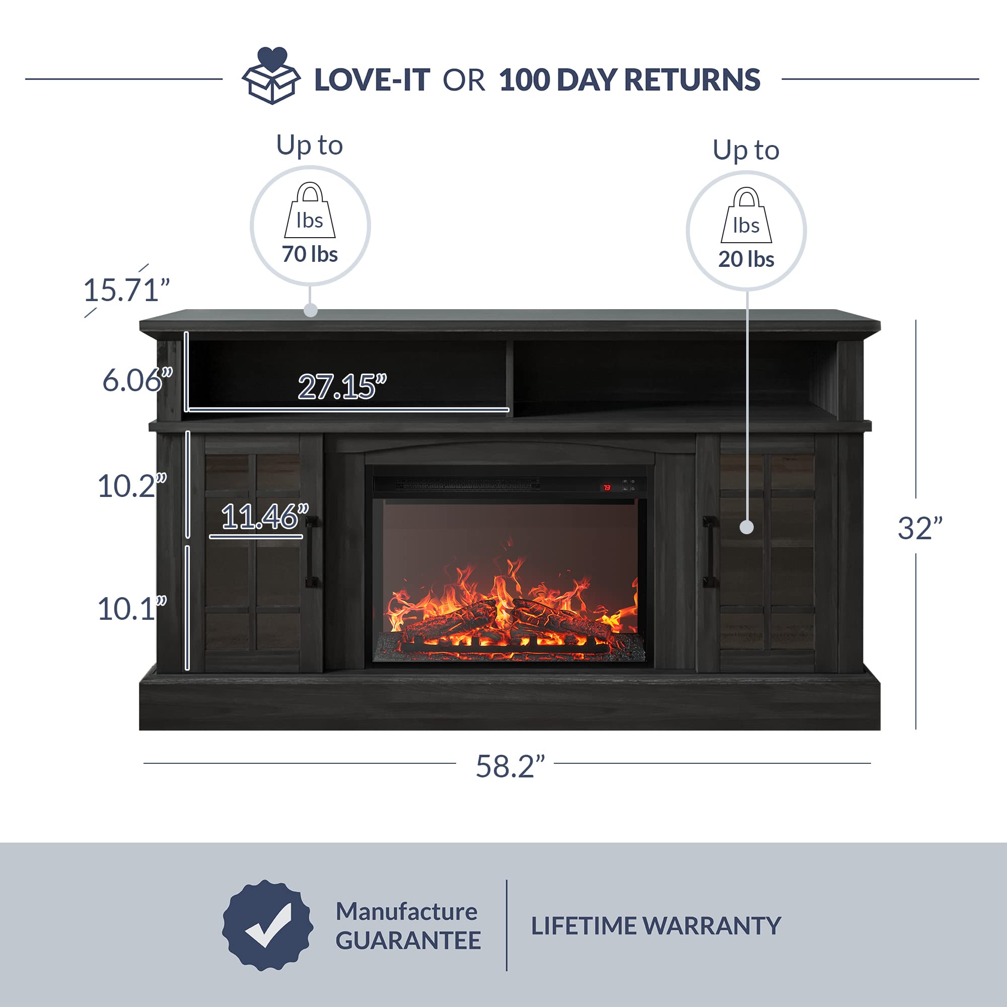 BELLEZE 58" TV Stand with 23" Electric Fireplace, Fireplace TV Console