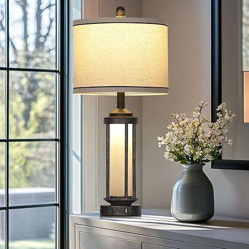 Miniatura 2 de Farmhouse Table Lamp, 27" Vintage Rustic Retro Beside Lamp with USB A+C Charging Ports & AC Outlet, Industrial Modern Lamp with Glass LED Night
