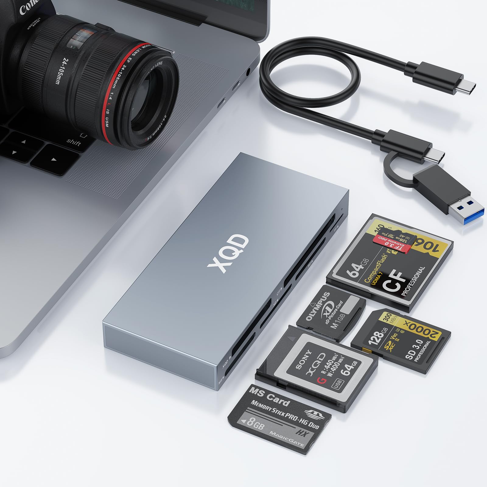 Lettore di schede XQD 8 in 1 da 10 Gbps, lettore USB C Multi XQD per Sony G/M Series, Lexar 2933x/1400x USB Mark XQD Card/CF/XD/MS/TF/SD, lettore di schede di memoria USB 3.0 per Windows/Mac OS/Linux