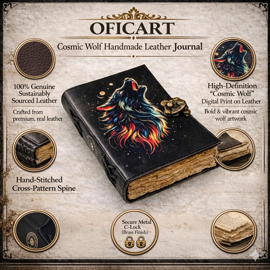 Oficart - Diario vintage in pelle, realizzato a mano, con lucchetto antico e carta di cotone ecologica, per scrittura, schizzi, viaggi, arte, poesia, spirituale e regalo (lupo cosmico)