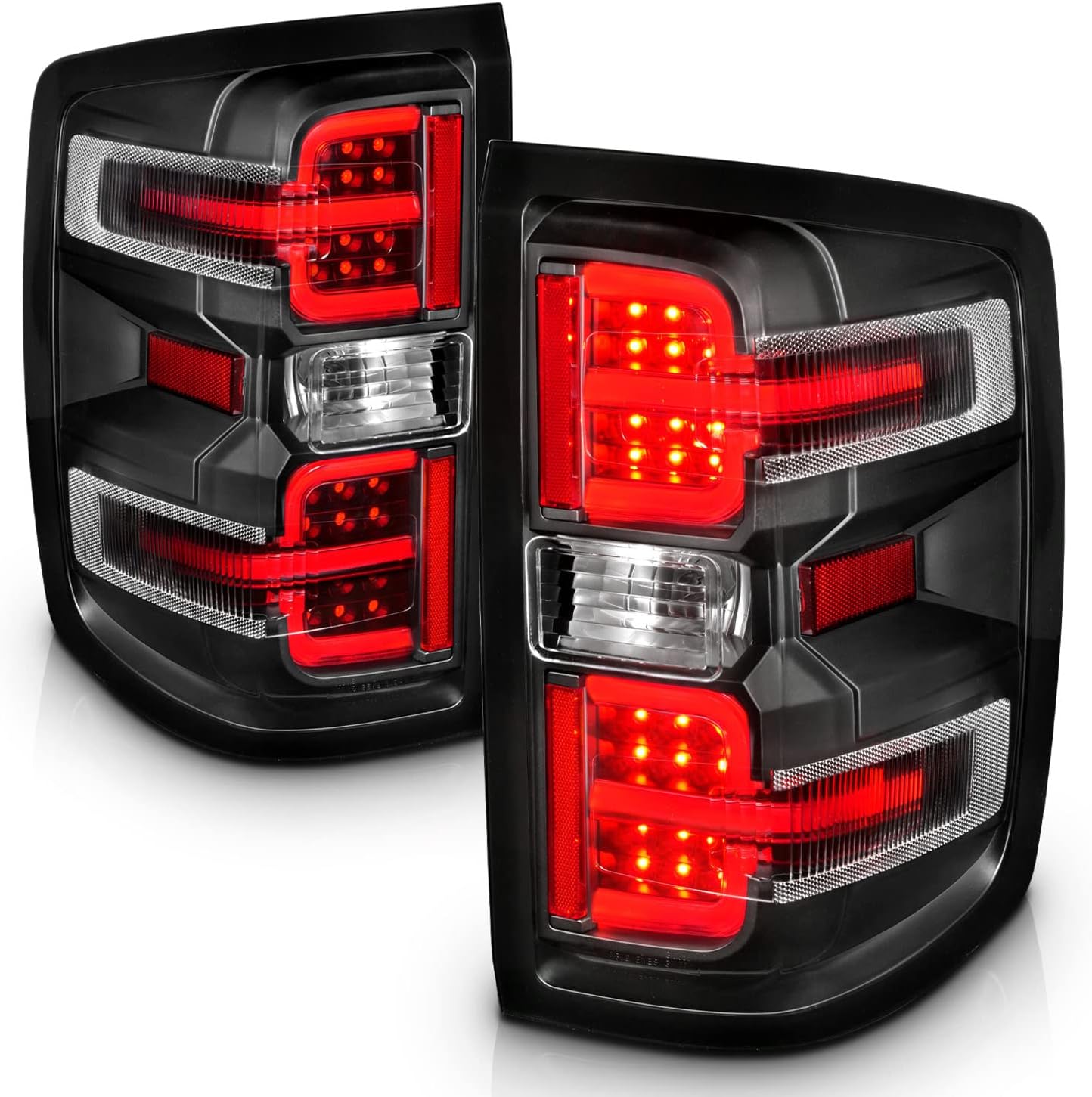 AmeriLite for Chevy Silverado 1500 2500 3500 GMC Sierra 3500HD LED Tube Black Replacement Tail Light Assembly Pair - Passenger and Driver Side