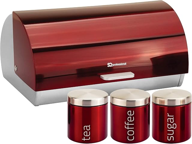 SQ Professional Gems Metallic Bread Bin and Tea Coffee Sugar Storage Jar | Canisters Set Red (Ruby)
