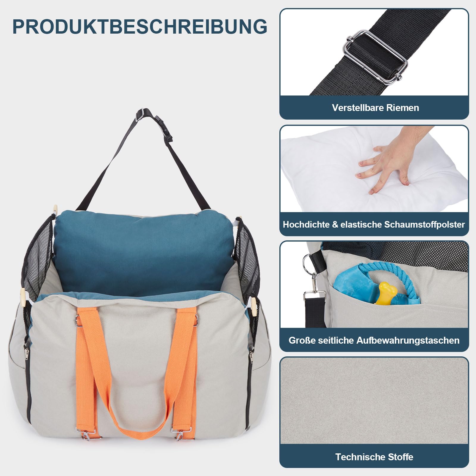 Ownpets Hunde Autositz Klein-Mittel, waschbar & erhöht, Mit Sicherheitsgurt | 3-in-1: Tragetasche & Sofa, Oxford-Stoff kratzfest, Reduziert Reiseangst, Werkzeuglose Montage