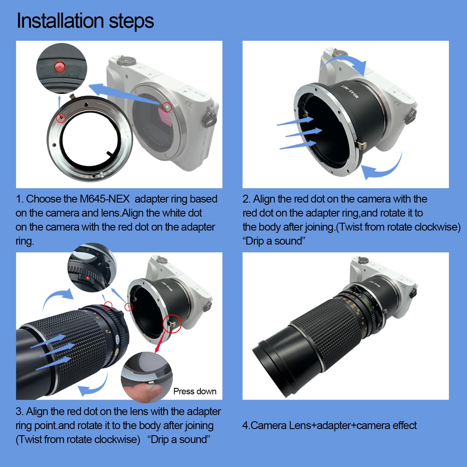 M645-NEX Bague d'adaptation pour Objectif Mamiya 645 M645