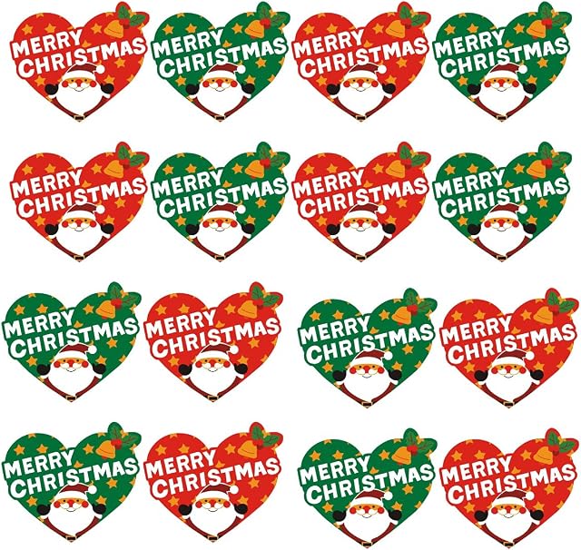 Merry Christmas Stickers, 160 Pcs Heart Shape Decorative Sealing Stickers, Red and Green Santa Claus Bells Tag Stickers for Gift Cards Boxes Envelopes Bag Holiday Party Supplies