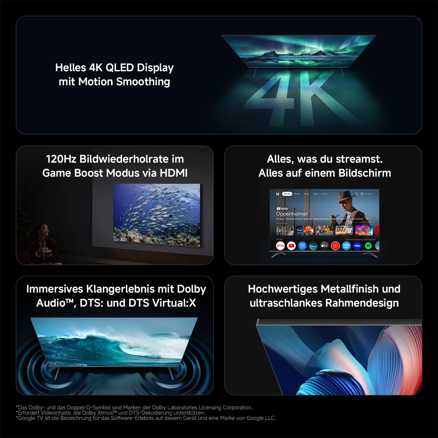XIAOMI A Pro, 65" (165 cm), 4K UHD QLED, Smart TV, Google TV, Triple Tuner DVB-C/S/S2/T/T2, HDR10+, Game Boost 120Hz, MEMC, Sprachsteuerung mit, 2+8GB, Kompatibel mit Apple Airplay & Google Cast