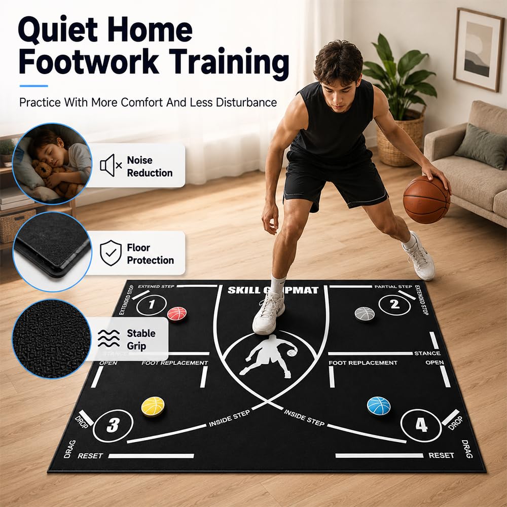 Basketball Fußmatte Trainingsmatte 120×80 cm, Rutschfeste Schritttechnik Matte, Geräuscharm, Leicht & Rollbar, indoor basketball matte für Schritttraining, Dribbling Mattes für Kinder Erwachsene