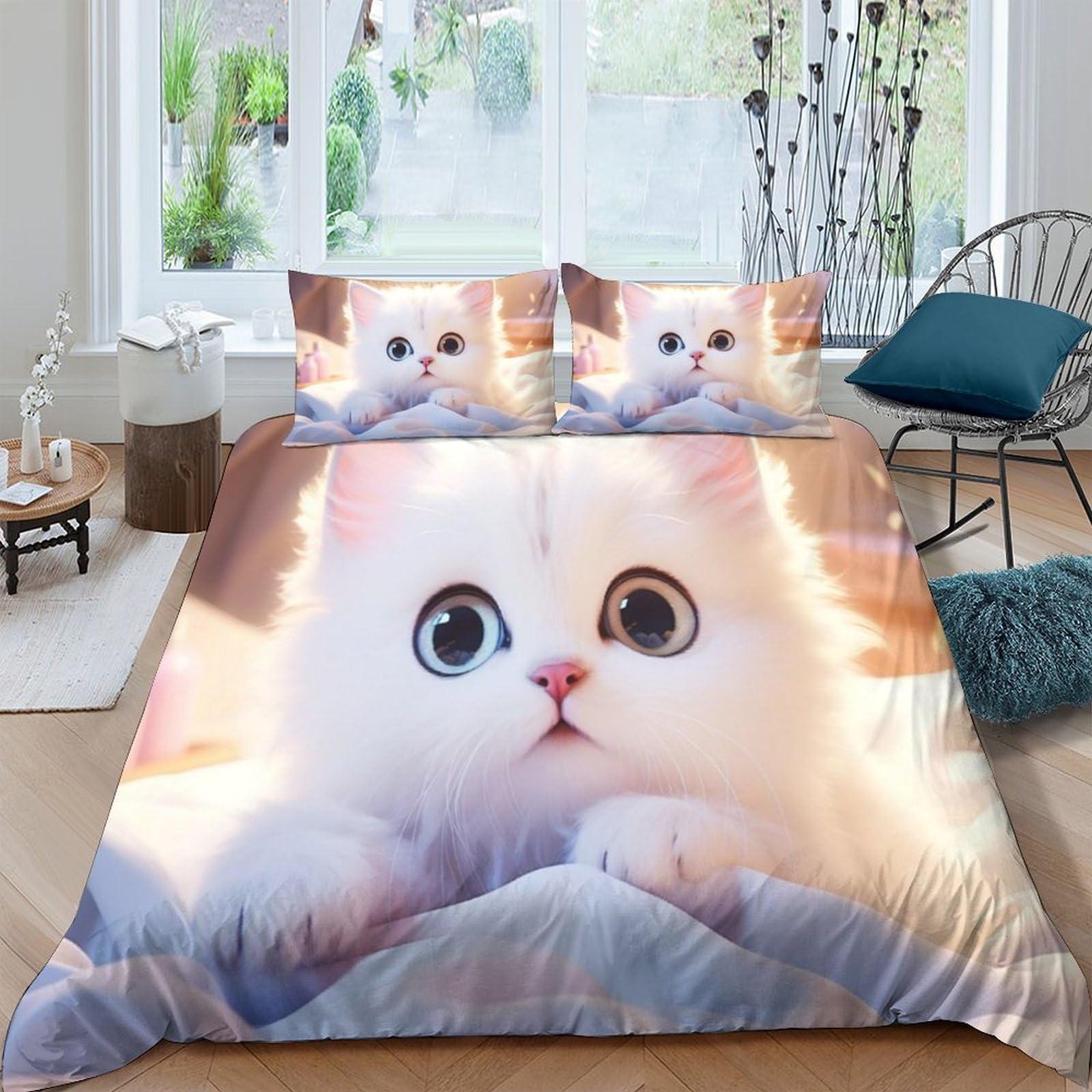 Housse de couette chat 200x200cm avec taies d'oreiller en microfibre IOFEER