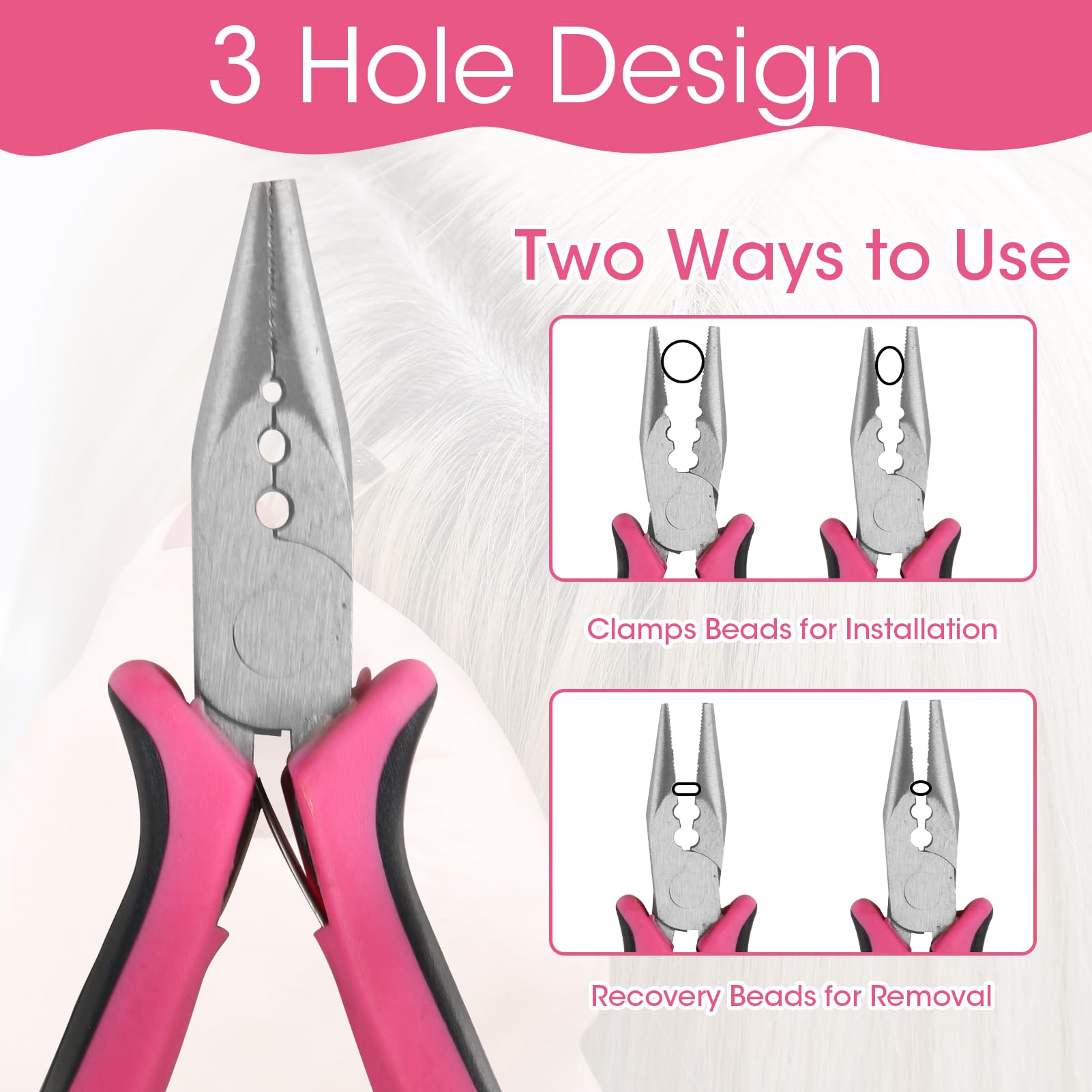 Hair Extension Pliers for Human Hair Extensions Apply and Removal 3 Hole Professional Stainless Steel Tape Hair Pliers Nano Tool with Non-Slip Grip for Removing Micro Rings Crushing Fusion Bond - Image 3