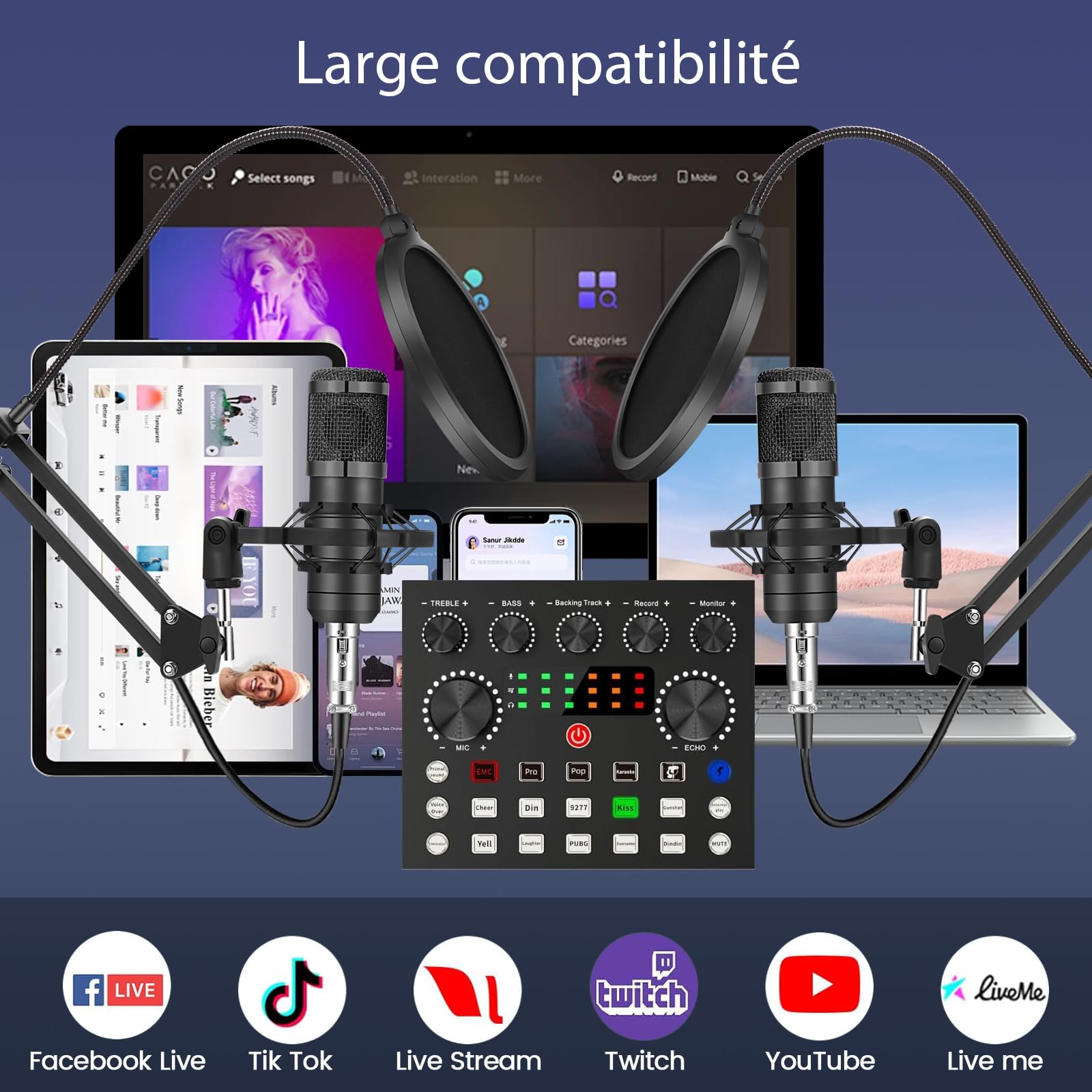 Brvomussy Ensemble d'Équipement Podcast pour 2, Modificateur de Voix et Microphone à Condensateur - Ensemble Microphone Podcast pour Gamers, Podcasting, Enregistrement, Chant, Streaming