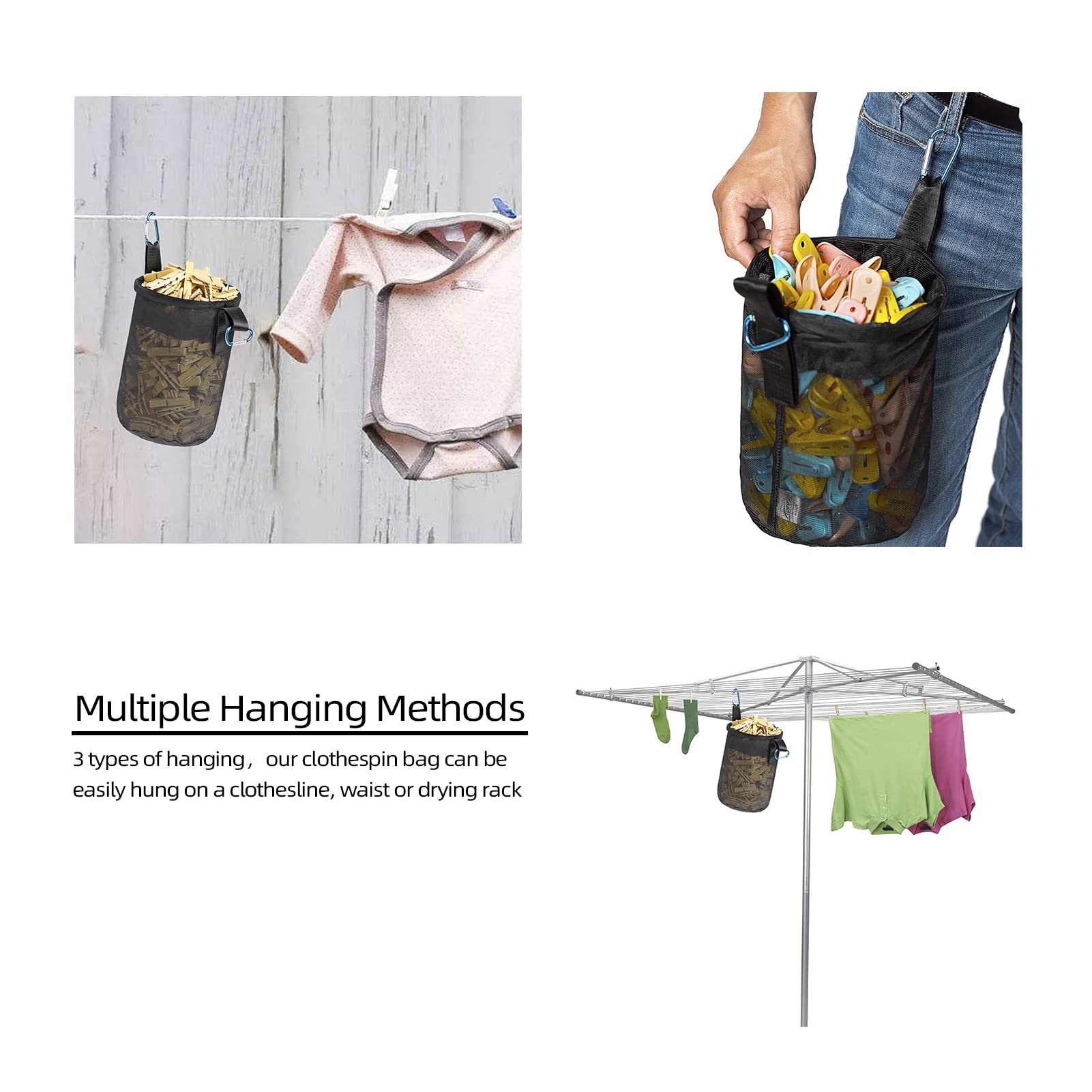 Netz-Wäscheklammer-Halter außen, mehrere Aufhänge-Methoden, Kleidernadel-Tasche mit Kordelzug, Belüftung und Feuchtigkeitsbeständigkeit, große Kapazität, Wäscheklammer-Organizer mit Haken