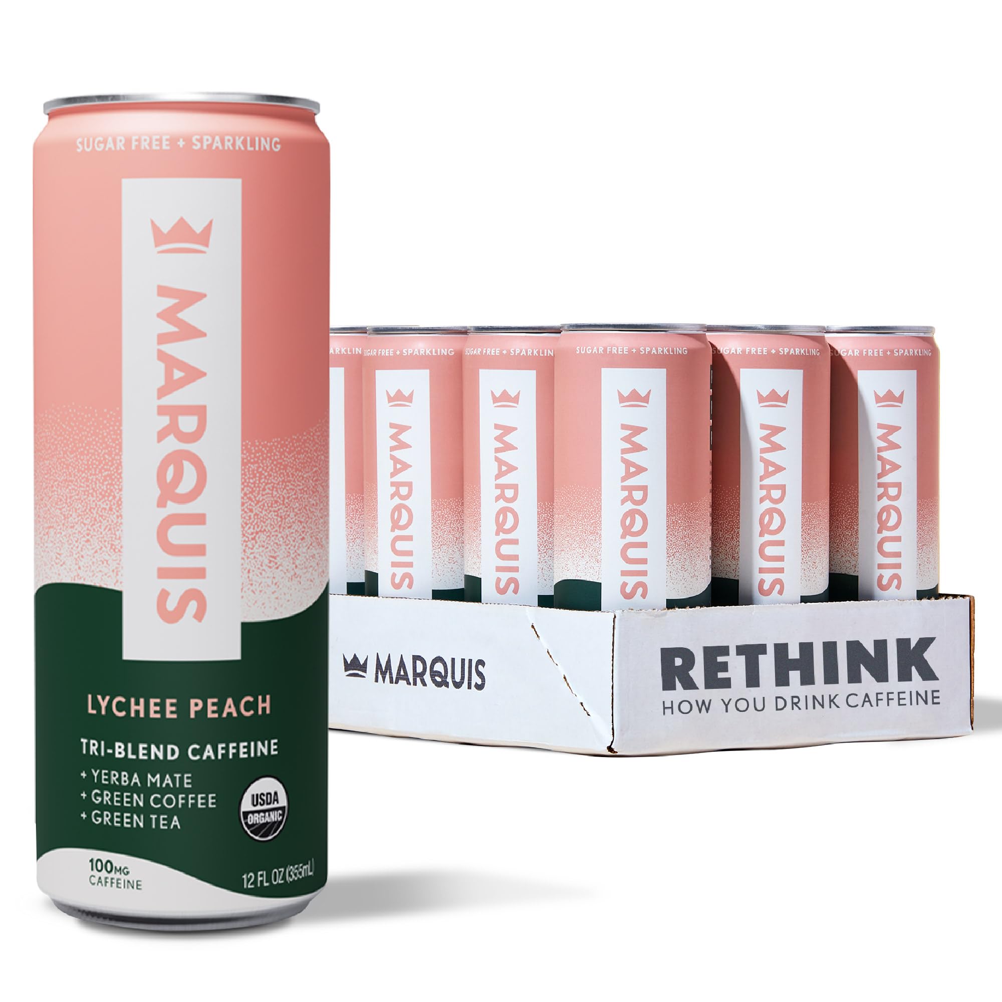 Natural Energy Drinks Sugar Free Zero Calories 100mg Organic Plant Based Caffeine Yerba Mate Green Tea & Green Coffee - Vitamin C & Bs - Lychee Peach Healthy Energy Drink - 12oz Cans, 12 Pack