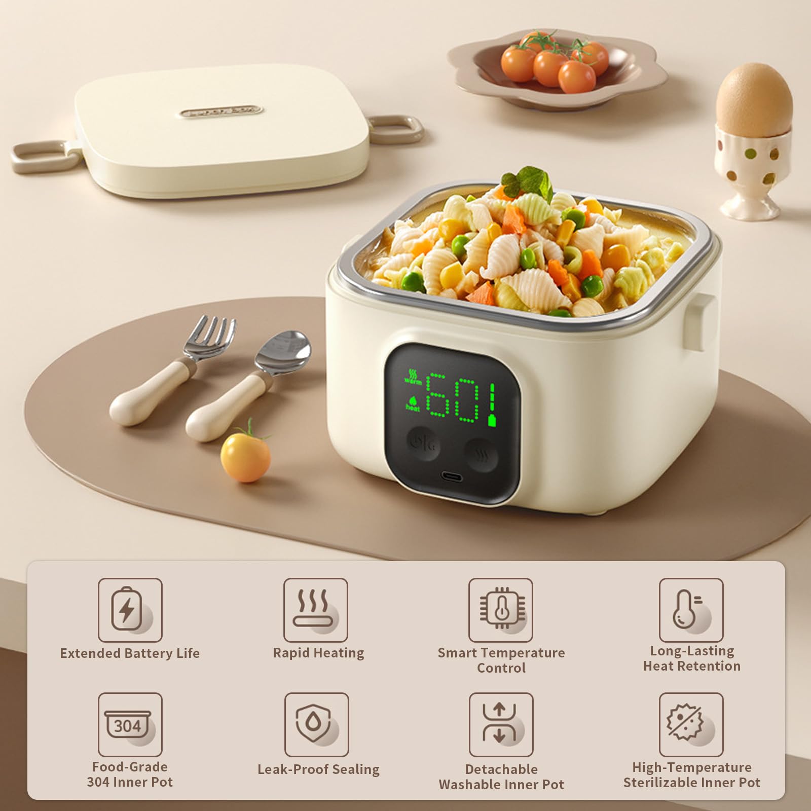 Contenitore per il pranzo elettrico con batteria - 800 ml, 14000 mAh, per adulti e bambini, funzione di riscaldamento a 7 livelli (20-80 min), portatile per casa, scuola, viaggi e ufficio