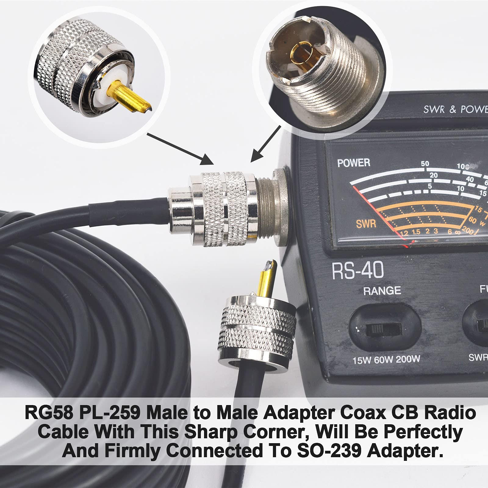 Cavo Antenna CB 15M/49,2ft UHF PL259 SO239 Maschio a Maschio Bassa Perdita RG58 VHF Marine Cavo Coassiale per HAM Radio, Antenna Analyzer, Dummy Load, SWR Meter, Broadcast