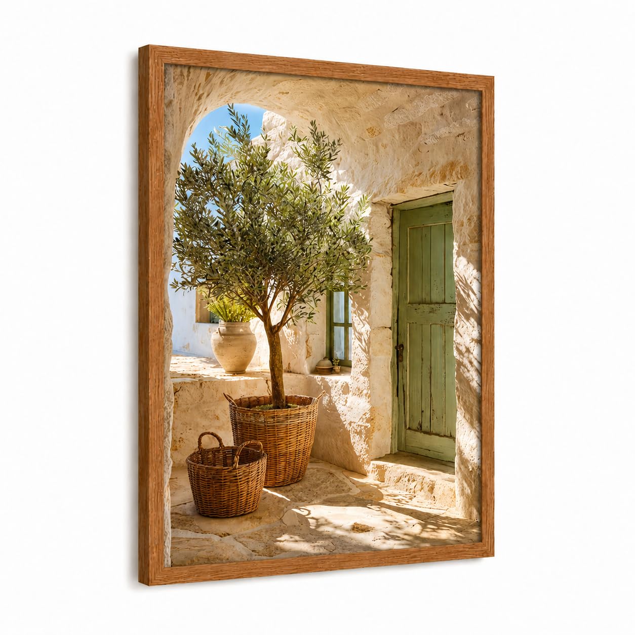 Elvynln Wall Art 12x16 Inch, Framed Canvas Wall Art Mediterranean Doorway Olive Tree Print, Pictures for Living Room, Bedroom Wall Decor, HD Waterproof Canvas Print with Walnut Frame