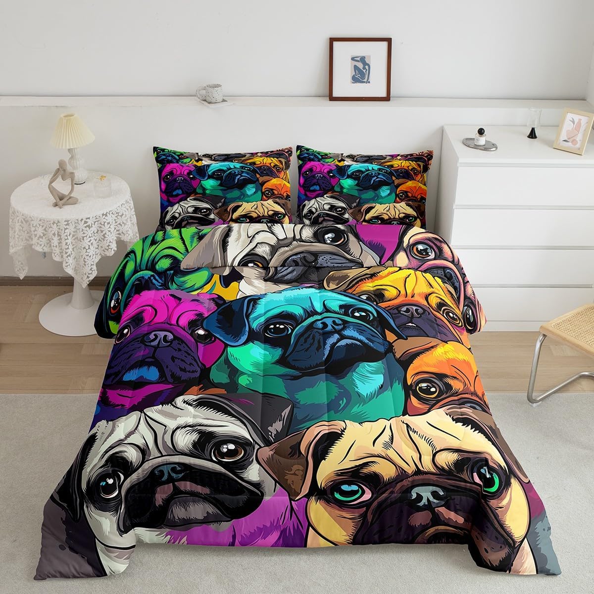 Lovely Pug Dog Bedding Set - Colorful Pugs Comforter with 1 Comforter and 2 Pillow Cases, Full Size Soft Child Room Decor image 2