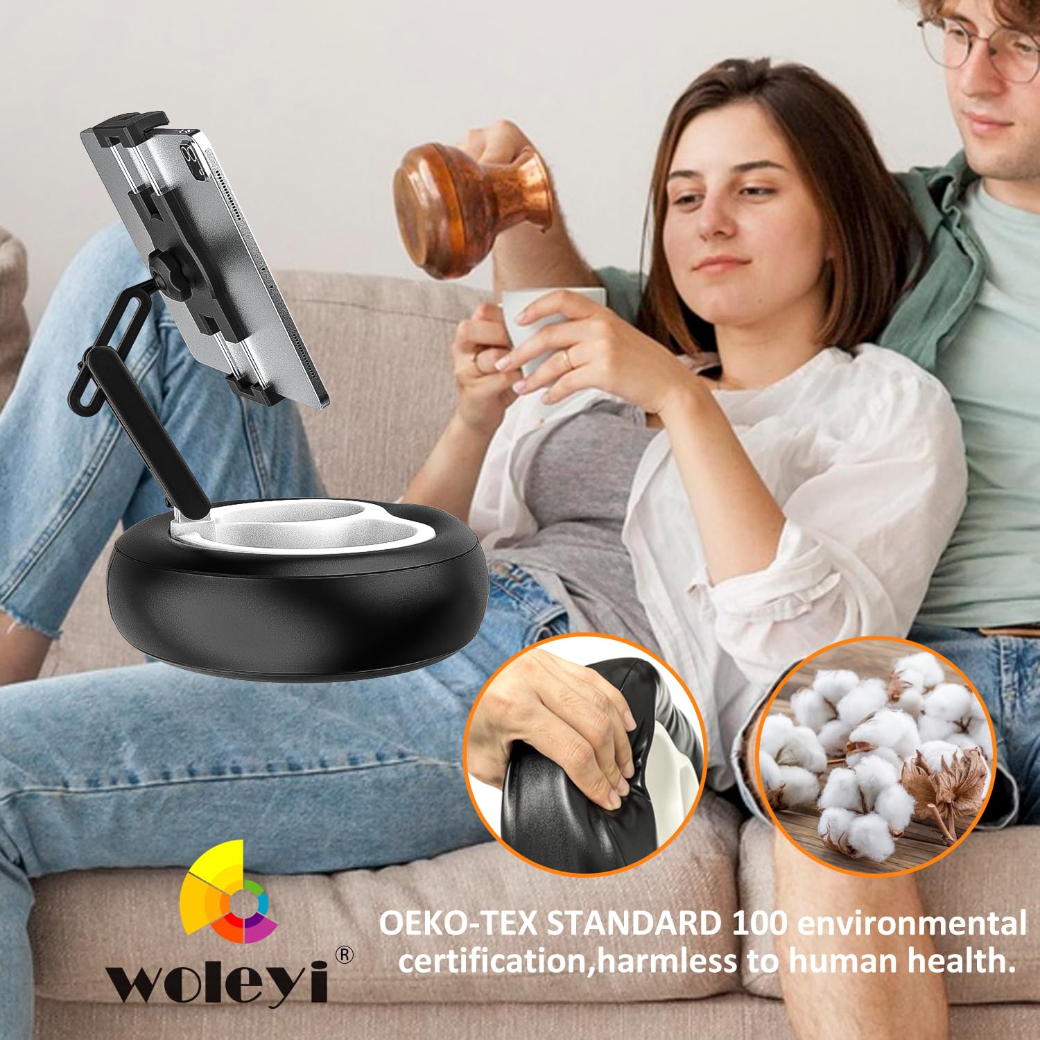 Tablet Halterung Kissen, Tablet Kissenhalter für Bett, Sofa, Schoß mit Verstellbarer Arm, für iPad Pro Air Mini, Kindle, Galaxy Tab, Handy, 4-13" (Weiches Leder, Schwarz)