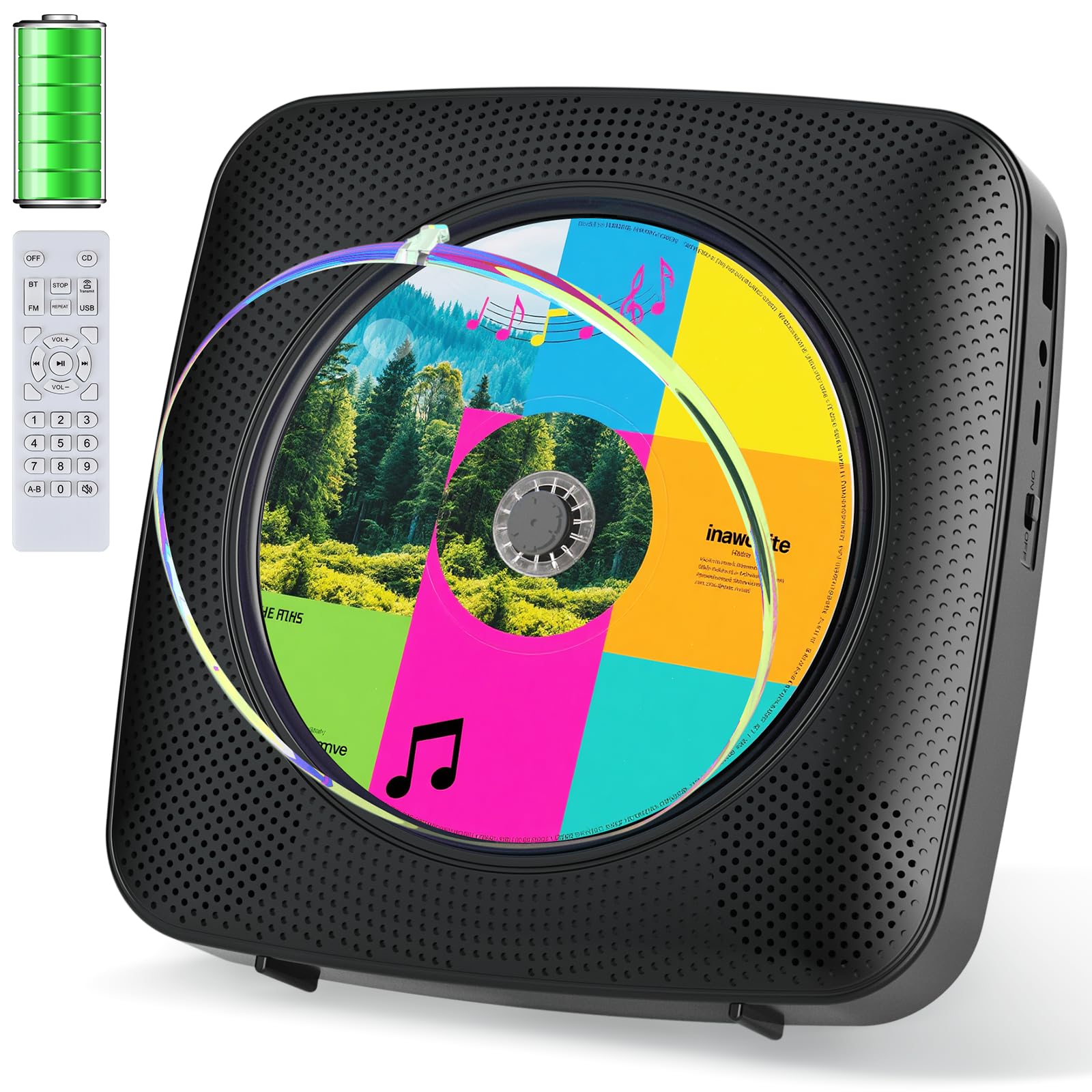 Gueray cdプレーヤー Bluetooth受信/送信 充電可能 壁掛け可能 ステレオスピーカー内蔵 CDプレイヤー FMラジオ USB再生モード 操作簡単 リピート/A-Bリピート再生 mp3対応 イヤホン対応 CDラジカセ 防塵カバー搭載 リモコン付き 音楽再生/語学学習/胎児教育 日本語説明書付き ブラック Y-01