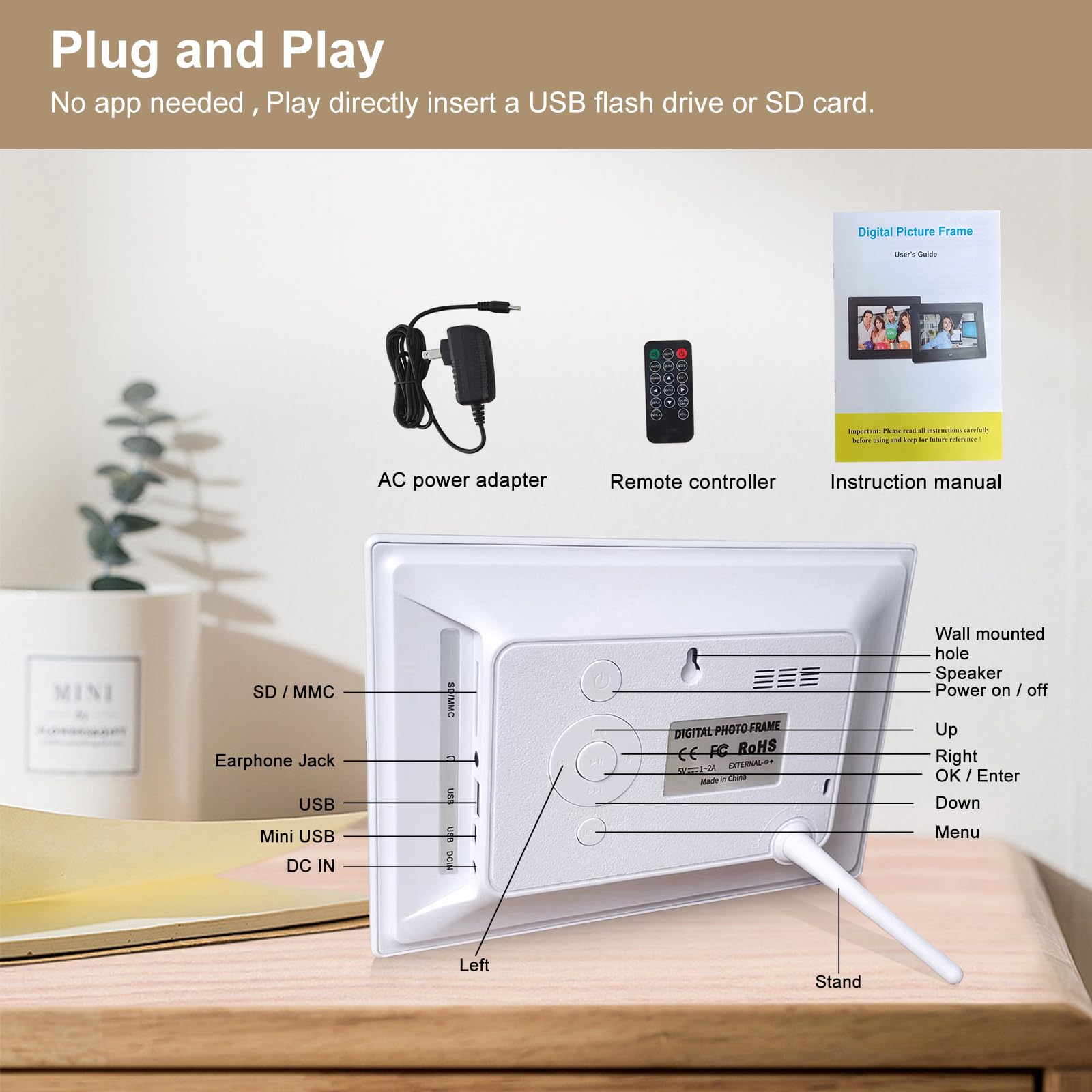 Cadre photo numérique 17,8 cm, cadre photo numérique 1024 x 600 Full IPS avec lecteur photo/musique/vidéo/calendrier/alarme, cadre photo électronique avec télécommande