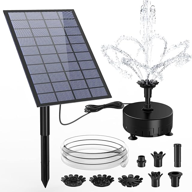 AMZtime DIY Solar Fountain Pump, 7W Solar Water Fountain with 5FT Water Pipe 16 Nozzles Solar Powered Pump Sprays Various Water Features for Bird Bath, Garden Decoration, Fish Tank and Pond