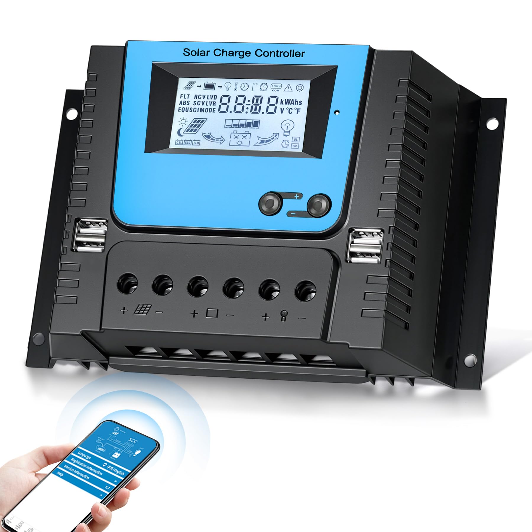 Controlador solar PWM 60A inteligente con Bluetooth y 4 puertos USB para regular carga de litio