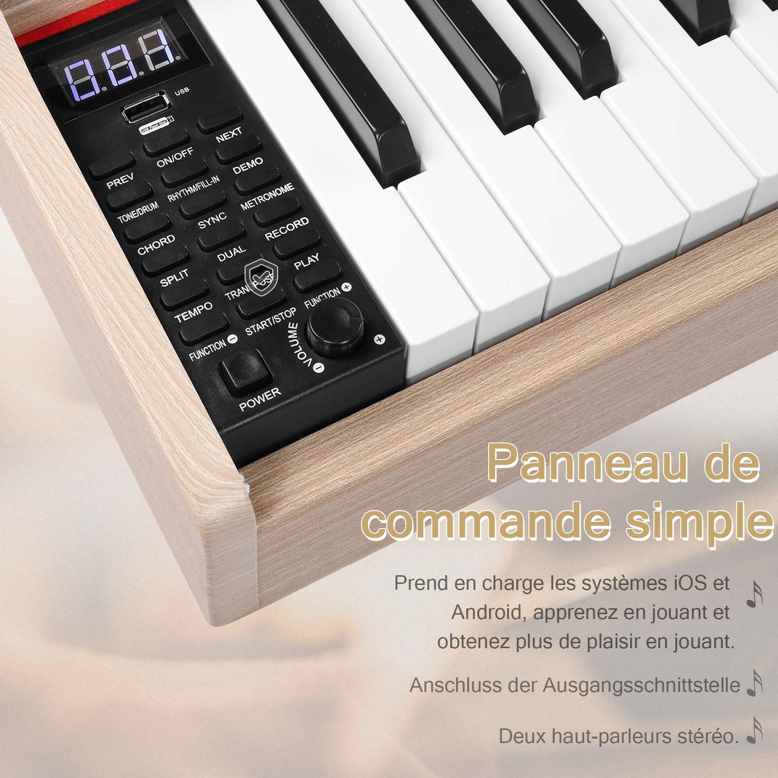 LEADZM Piano Numérique 88 Touches avec Support en Métal, Clavier Piano Entièrement Lesté, Piano Electrique avec 3 Pédales, 2 Systèmes Bluetooth, Adapté aux Débutants (Naturel)