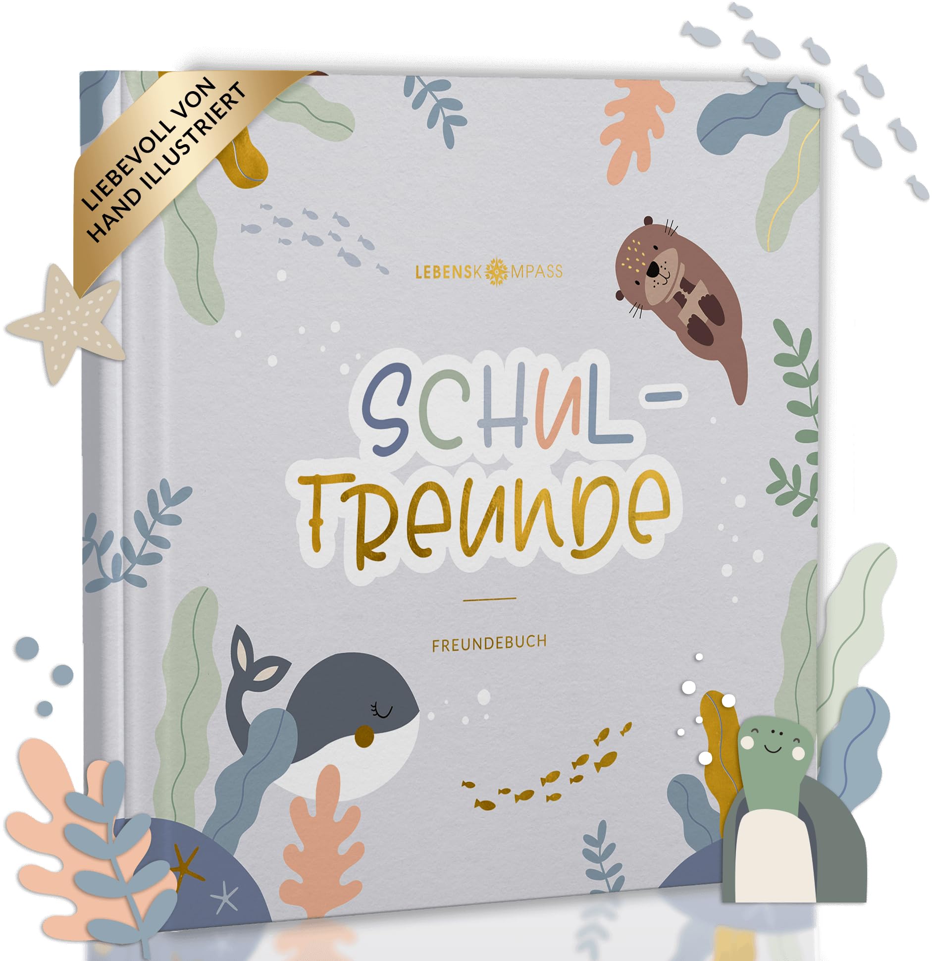 LEBENSKOMPASS Freundebuch Schule Mädchen und Jungen Ocean - Einschulung und Schulanfang Geschenk - Freundebuch Grundschule mit Platz für Freunde & Lehrer - 21x21 cm Hardcover