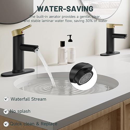 Miniatura 6 de Grifo de lavabo de baño negro y dorado, con una sola manija, un agujero, grifo de lavabo con placa de cubierta y línea de suministro, latón