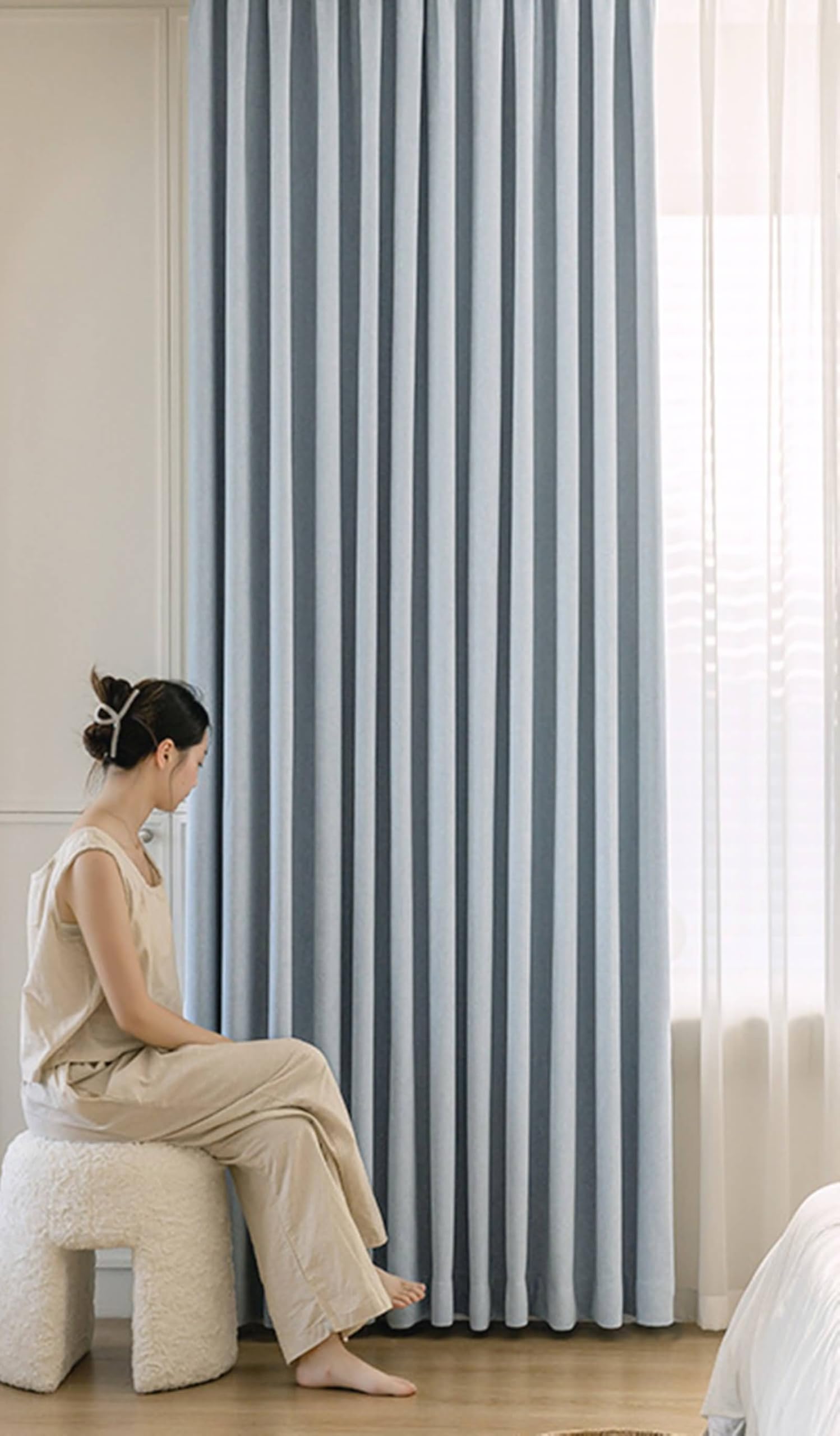 Rideau Isolant Thermique Fenetre, 107x115cm Couleur Unie Obscurcissant, œillet, Passe-Passe, fenêtres, Rideaux en Chenille, Bleu Clair