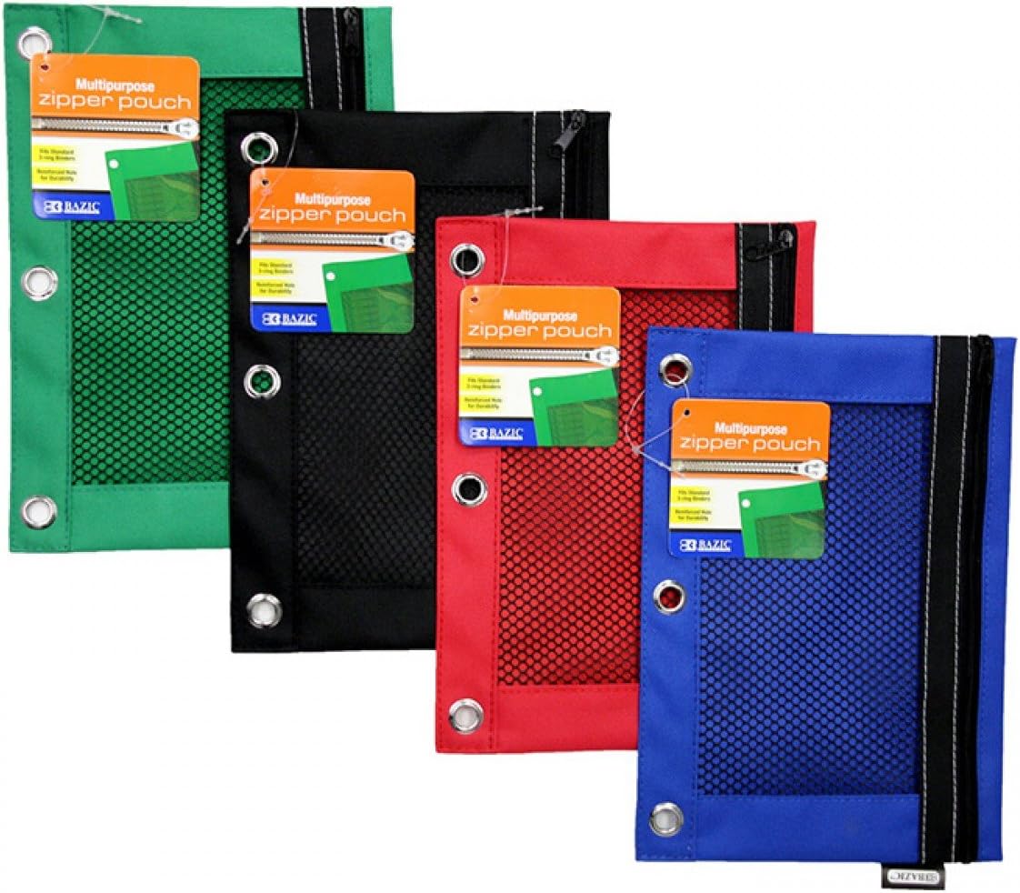 Bazic 3-Ring Pencil Pouch with a Mesh Window, Colors May Vary (803) (2-Pack)