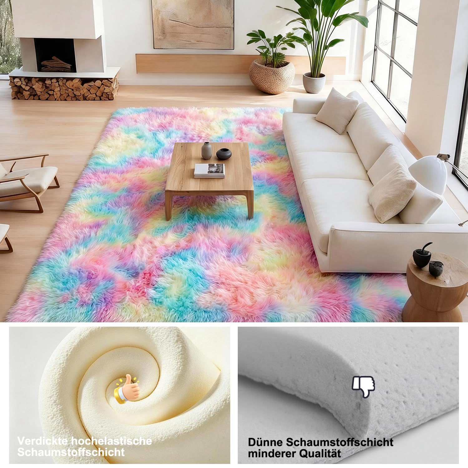 Teppich Wohnzimmer 160 x 230 cm Regenbogen Waschbar Rutschfester Hochflorteppich Kinderzimmer Schlafzimmer Flauschiger Teppiche