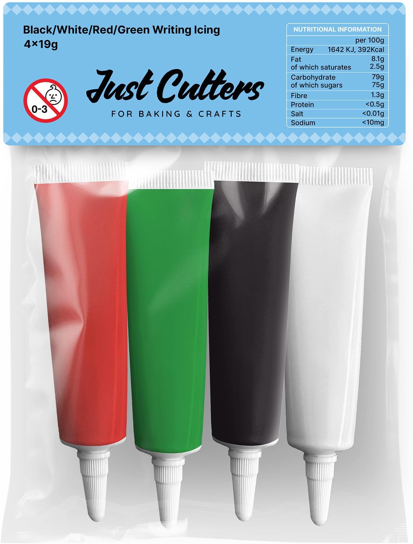 JUST CUTTERS Ready to Use Writing Icing Tubes, 19g, Instant Icing Pens for Cakes, Biscuits & Baking (Red/Green/White/Black)