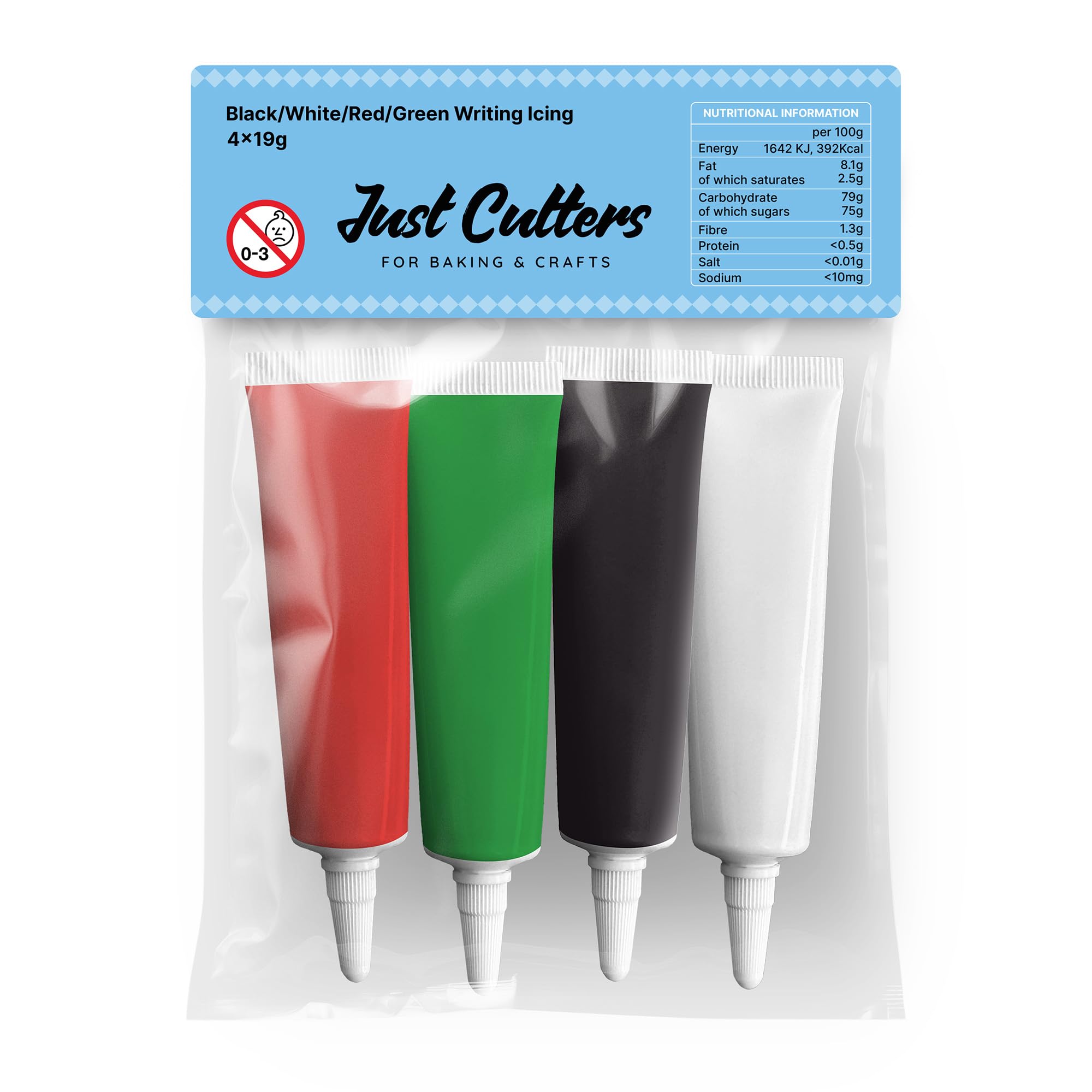 JUST CUTTERS Pack of 4 x 19g Writing Icing Tubes | Ready To Use | Instant Icing Pens for Writing, Drawing & Personalising Cakes, Biscuits & Baking (Red/Green/White/Black)