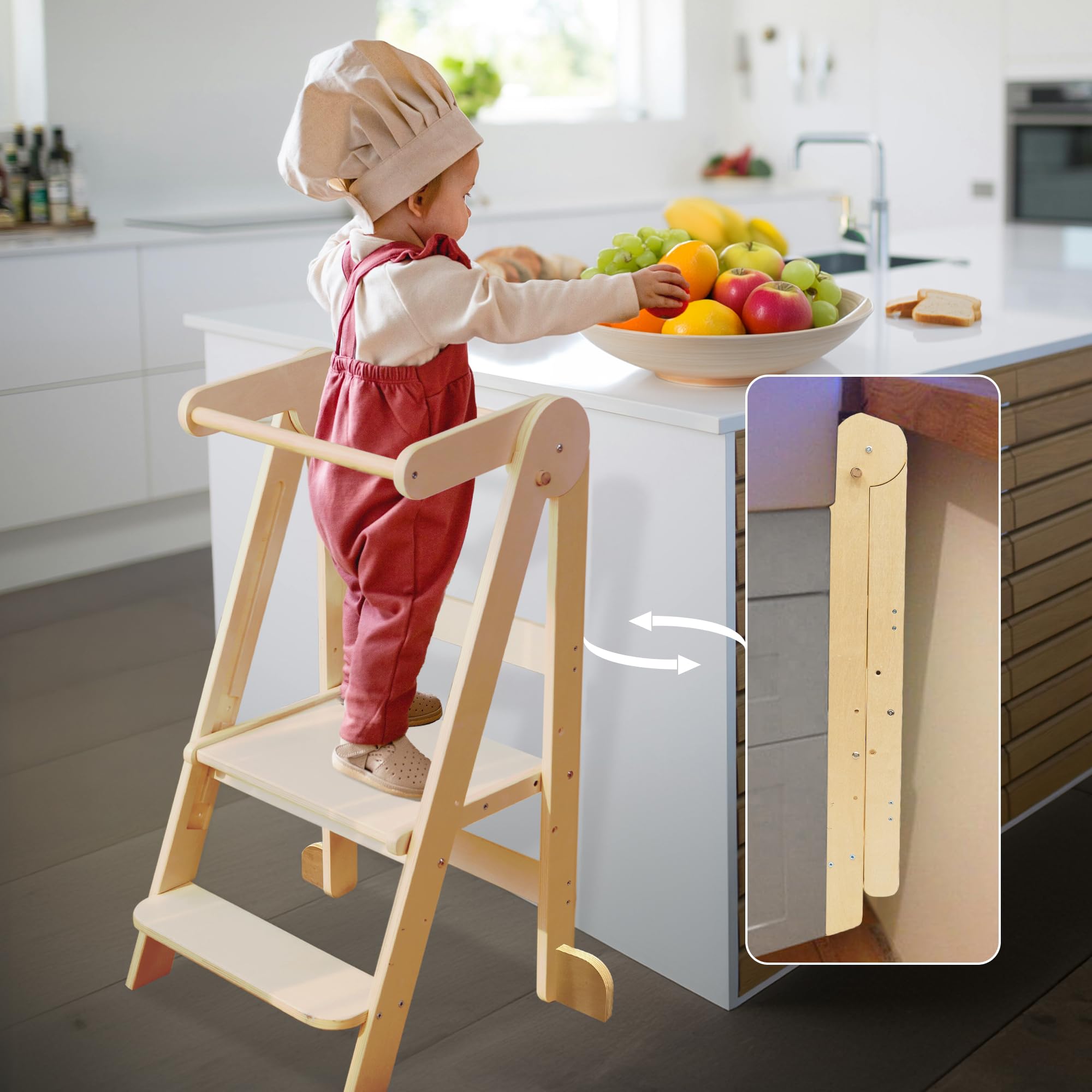 Foldable Toddler Tower, Kitchen Stool Helper, Folding Tower for Learning with 3 Adjustable Heights Montessori Toddler Standing Tower Collapsible Step Stool for Kids 1-6 Years Natural