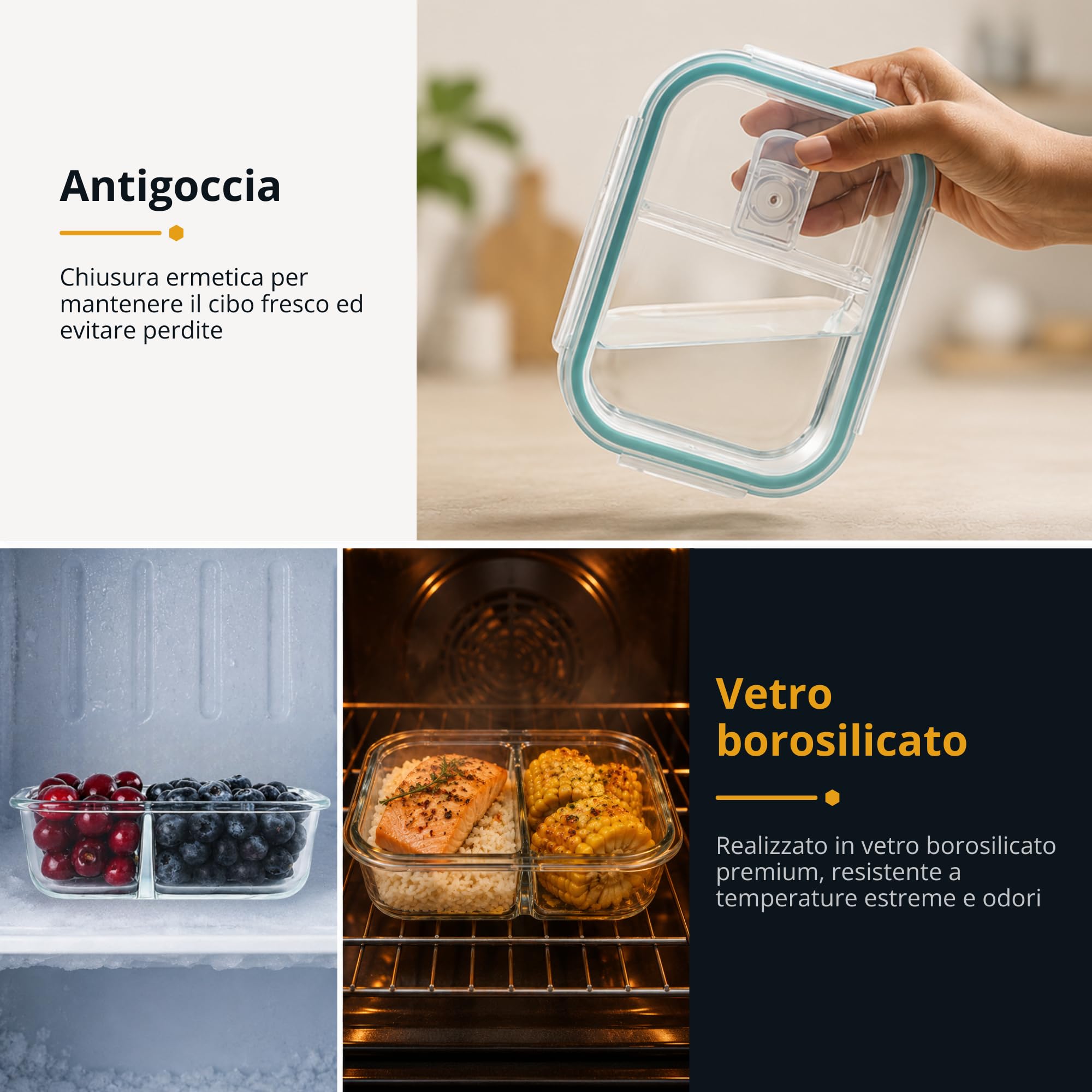 Winter Shore Contenitori Vetro con Coperchio e 2 Scomparti (5 Pezzi) - Bento Box di Qualità Alimentare, Senza BPA, a Prova di Perdite - Set Contenitori Vetro per Microonde, Freezer, Lavastoviglie