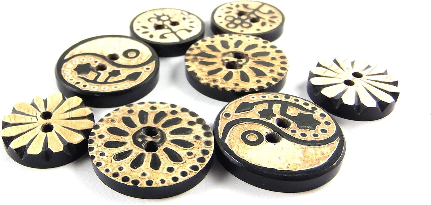 Decorative and Unique Handmade Natural Horn Buttons - Black/Beige - Assorted Sizes - Assorted Floral Shapes - 8pcs/pk. #1738
