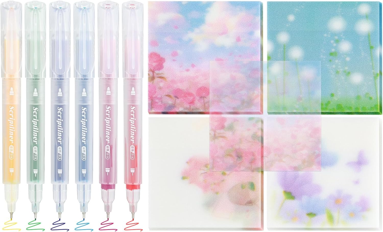 BAYTORY 200 Sheets Transparent Sticky Notes, 6Pcs Double-Ended Colored Marker Pen, 3 x 3 Glitter Clear Sticky Notes, Waterproof Self-Stick Note, Easy to Post for Note Taking (Flower)