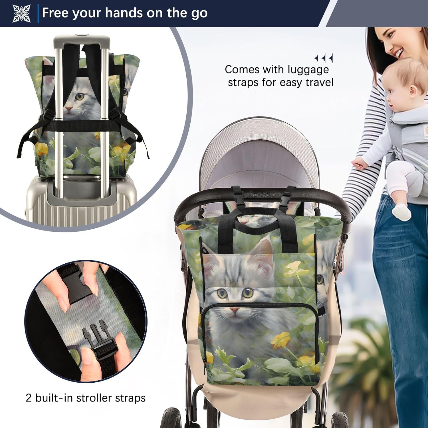 Diaper Backpack Small Cat Print with Insulated Feeding Bottle Insert, Large Baby Changing Bag with Stroller Straps 11.02×5.91×15.3 IN