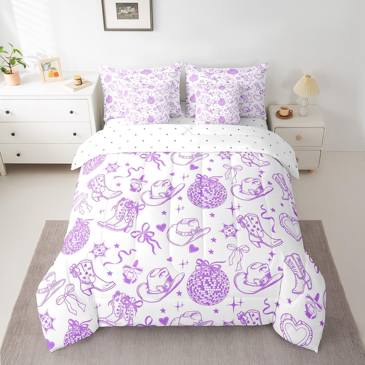 7 Pieces Cute Bowknot Kids Comforter Full,Western Cowgirl Boot Cap Disco Retro Bedding Set,Bow Tie Star Love Heart Purple Romantic（Comforter+Fitted+Flat Sheet+2 Pillowcases+2 Throw Pillow Covers）