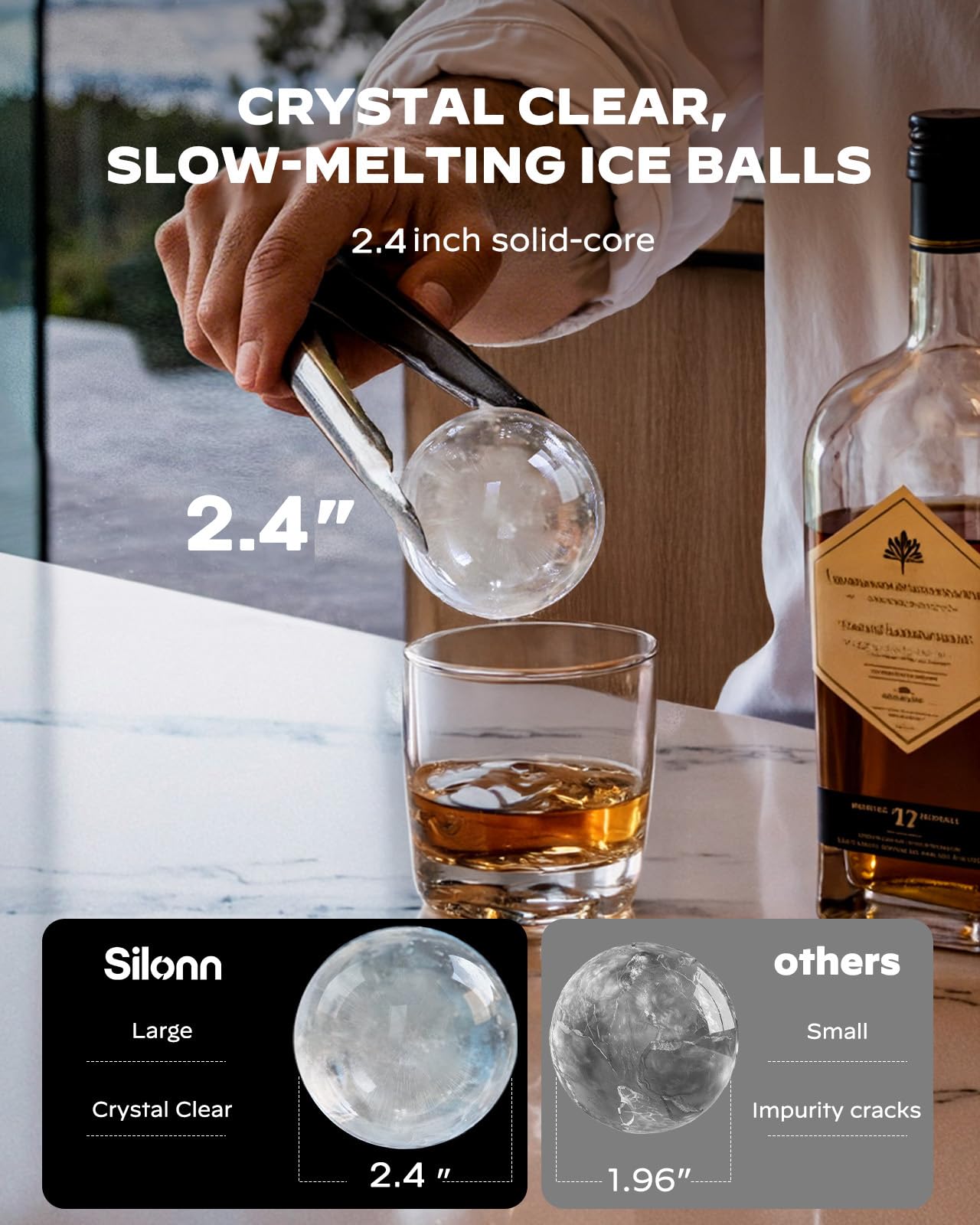Silonn 2.4″ Sphere Ice Maker, Clear Ice Ball Maker With Slow-Melting, 3 Pcs In 40 Mins, 100 Pcs/Day, Crystal Sphere & Rapid Sphere Technology, Self-Cleaning Ice Maker Countertop Ideal For Whiskey on Fridge.com - View 2
