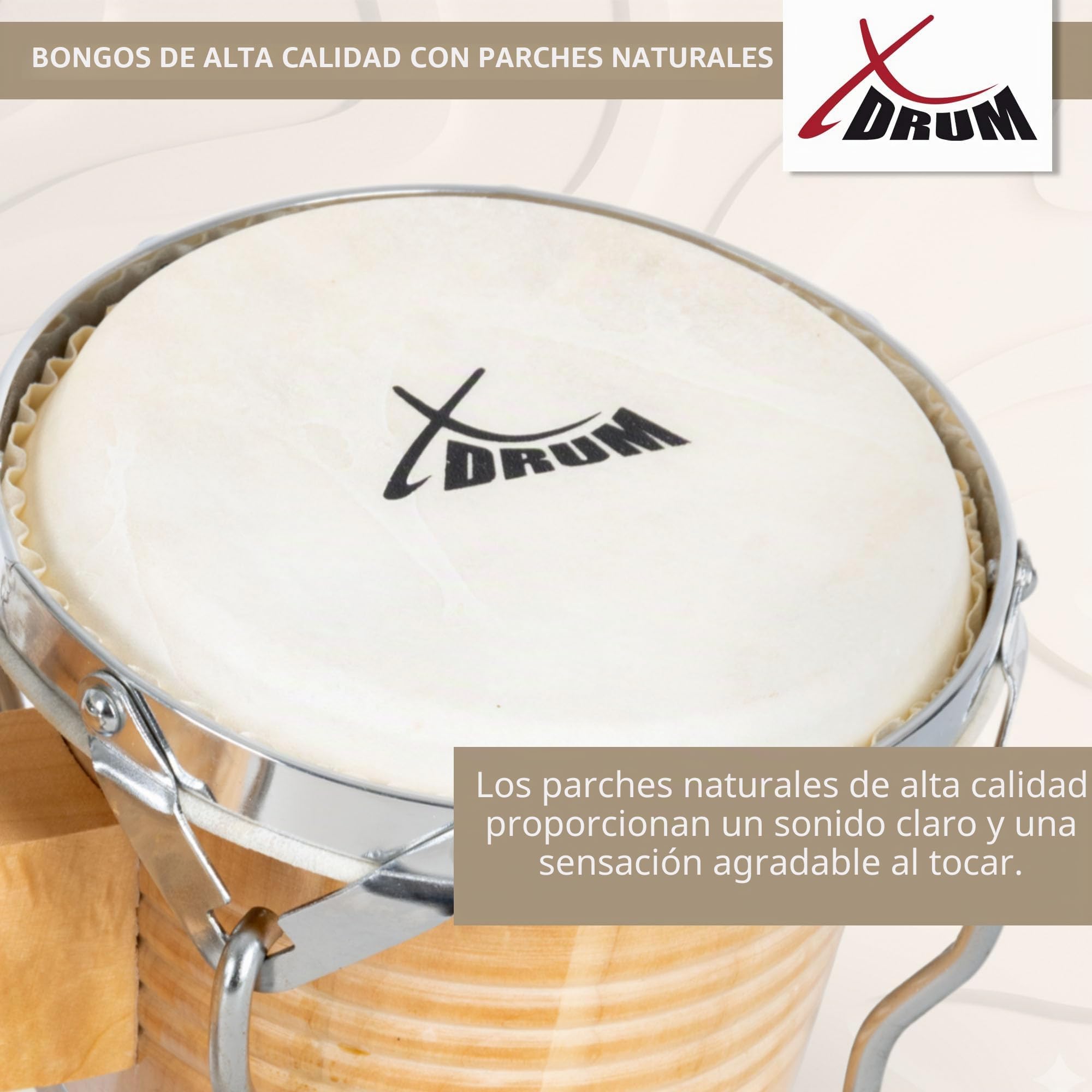 XDrum Bongos Pro Natur - 2 tambores con diámetros de 6,5" (17 cm) y 7,5" (20 cm) - Bongos con parches naturales afinables, llave de afinación y bolsa - Tambores de madera en color natural