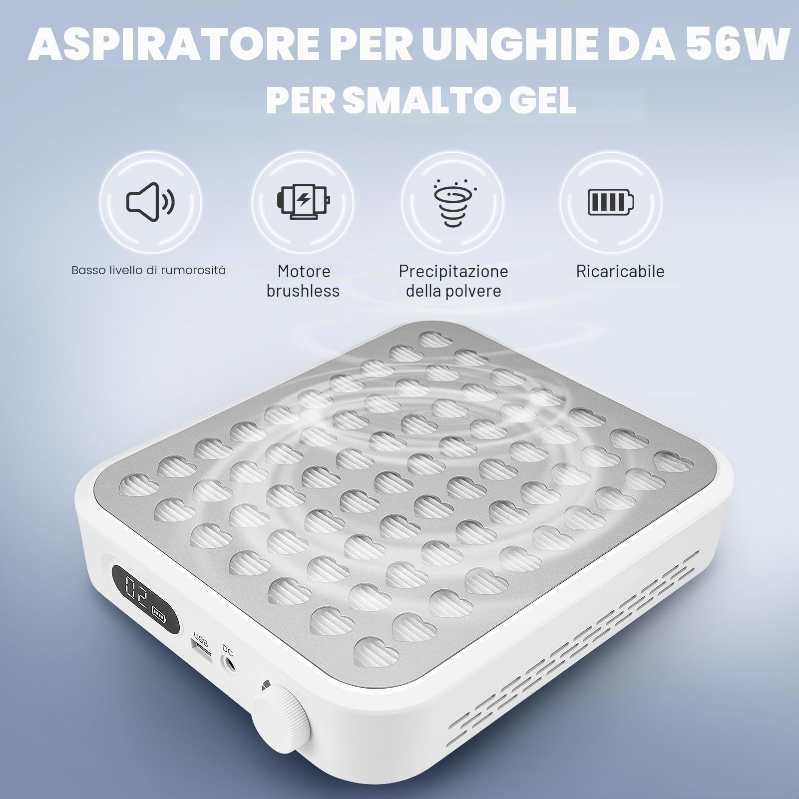 Madenia Aspiratore Ricaricabile per Unghie, 56W Aspiratore Senza Fili di Polvere per Unghie con 2 Filtri e 1 Spazzola, Professionale Collettore di Polveri per Unghie Gel Acrilico, Bianco
