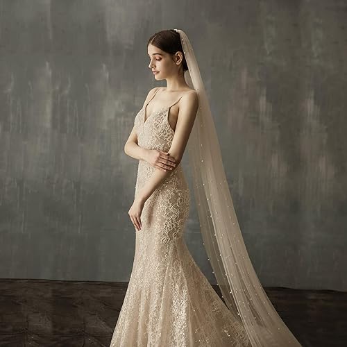 Miniatura 5 de Catedral nupcial largo velo de tul con perla, velo de novia para novias