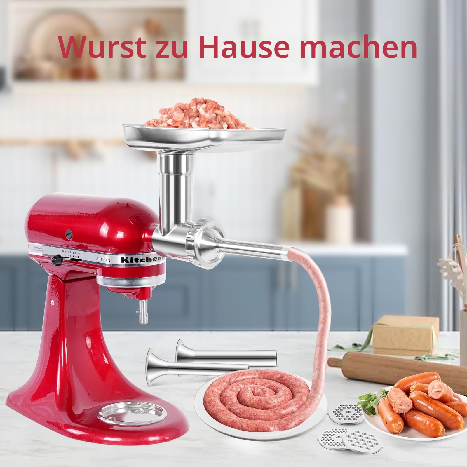 Edelstahl Fleischwolf für KitchenAid Mixer, Fleischwolfaufsatz für Kitchenaid Standmixer, spülmaschinenfest